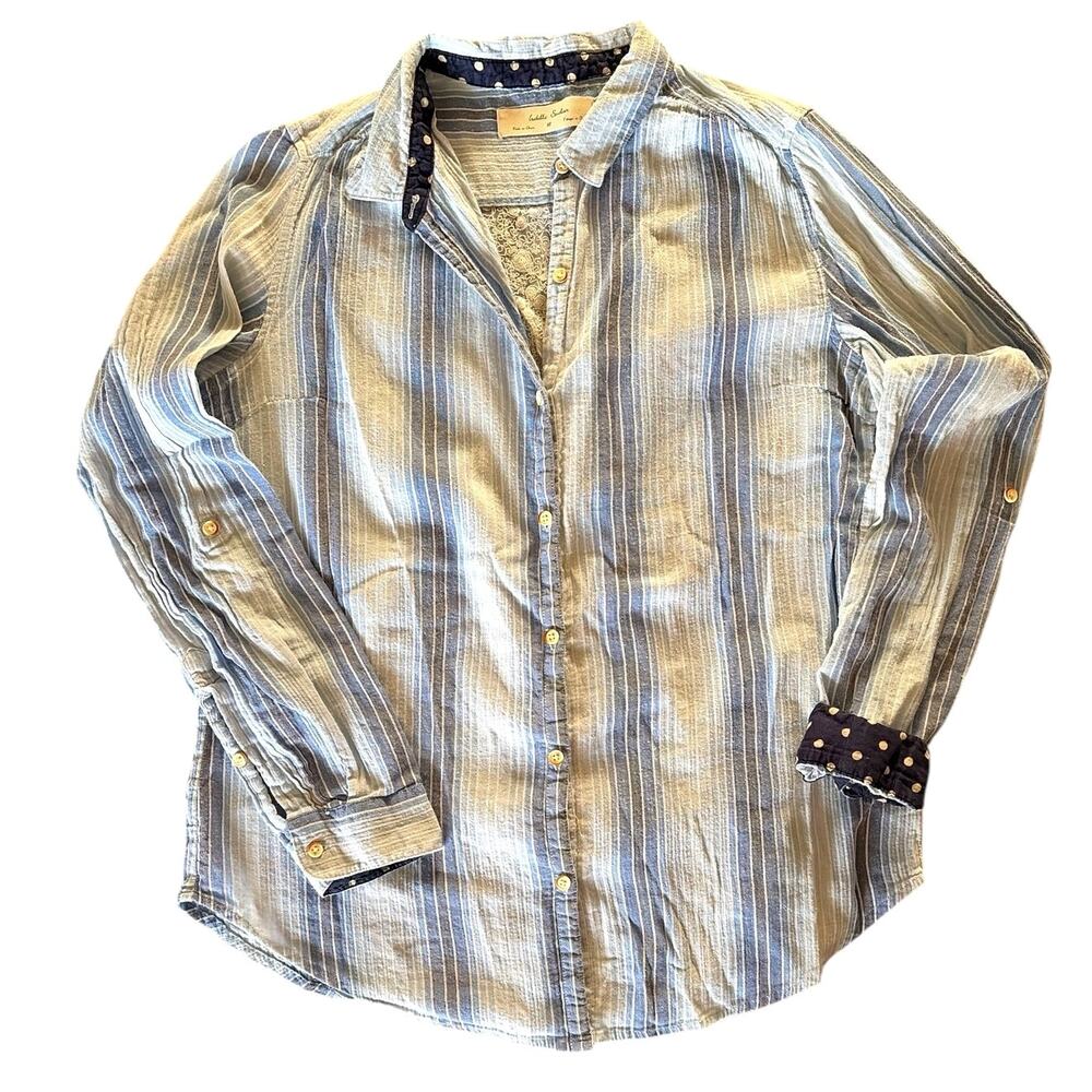 Anthropologie Isabella Sinclair Blue Striped Lace Inset Shirt Medium - Picture 4 of 10